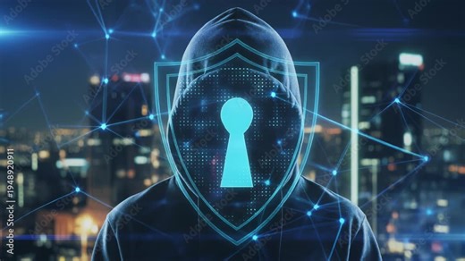 都市データ網に潜む脅威を象徴するガラス質感シールドと鍵穴のサイバー防御イメージ