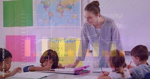 Teacher assisting children with schoolwork, data analysis animation over classroom scene