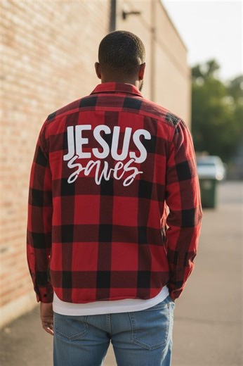 Upcycled Red Plaid Flannel Shirt | Men's Large "jesus Saves" Streetwear - Etsy