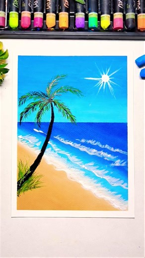🌊🌅 Easy Beach Sunset Drawing with Oil Pastels |Step-by-Step Seascape Tutorial/#shorts #youtubeshorts