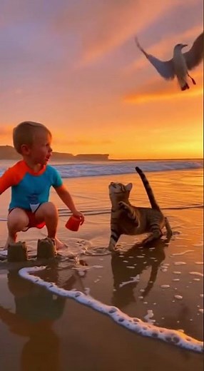 Cat Saves Child From Attacking Seagull at Beach