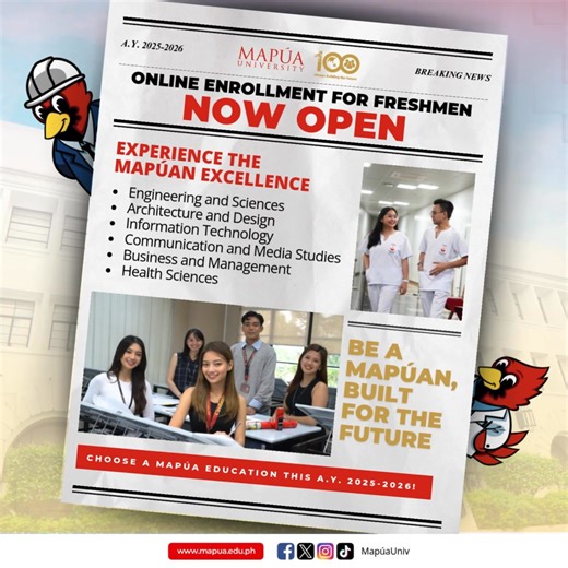 The A.Y. 2025-2026 online enrollment for incoming undergraduate students is NOW OPEN! Secure your enrollment TODAY, April 2, to avail of the one-time Early Enrollment Discount of ₱5,000 along with an assisted processing. Be part of a renowned institution that hones learners to be the world builders, innovators, and leaders the future demands. Be a Mapúan, built for the future! ❤️💛 📌 Take the MPASS on-site on April 2 by registering here: https://forms.gle/txFVogJqLa4nRqm48 | Mapúa University