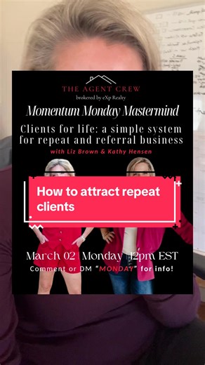 Most agents work hard to get a client. And then go completely quiet after closing. No follow up. No real conversations. No system. Then they wonder why the referrals slow down. Conversations lead to contracts. Contracts lead to closings. If the conversations stop, the business stops. This Monday, @Kathy Hansen | Denver Realtor is joining us on Momentum Monday to teach the simple daily touch system she uses to keep past clients warm without being awkward or salesy. She is also going to show what 