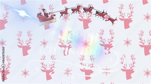 Animation of santa claus in sleigh being pulled by reindeers against reindeer face pattern design