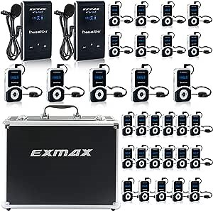 EXMAX EX-100 Wireless Tour Guide System Voice Transmission with Carrying Case(NOT Charging Case),for Teaching,Conference,Tour Guides Silent Commentary(2 Transmitters and 30 Receivers w/Black Case)