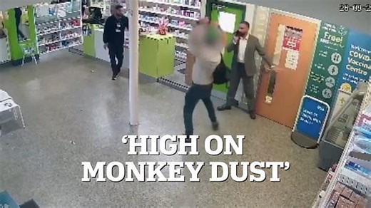 Moment crazed thug 'high on monkey dust' is tackled by hero pharmacist after flying into rage