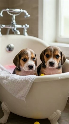 🛁Two Beagle Puppies' First Bath: Cuteness Overload! 🐾 #puppy #doglife #cute #dogandcat #pets
