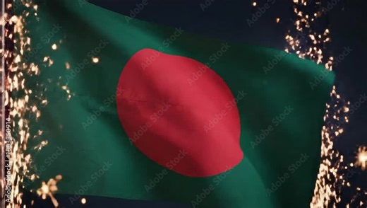 Bangladesh flag waving with fireworks exploding around it at night in a celebratory scene from a front viewpoint