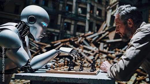 humanoid robot and man play chess at table against backdrop of ruins. Slow hand movements, human machine interaction. Artificial intelligence competes with human in chess match in post-apocalypse.