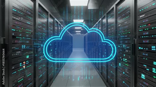 Servers racks walkthrough in Modern data center. Cloud computing datacenter server room. Cloud computing data storage 3d rendering