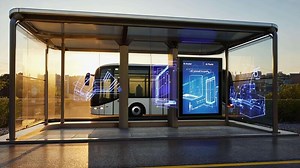Download Futuristic smart bus stop with transparent shelter, digital holographic route displays, and modern electric bus at sunset ideal for smart city, public transport, innovation, and urban for free