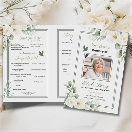 Catholic Funeral Mass Program Template, Bi - Fold Greenry Women Obituary Program, Canva Editable Free Digital Download Pdf