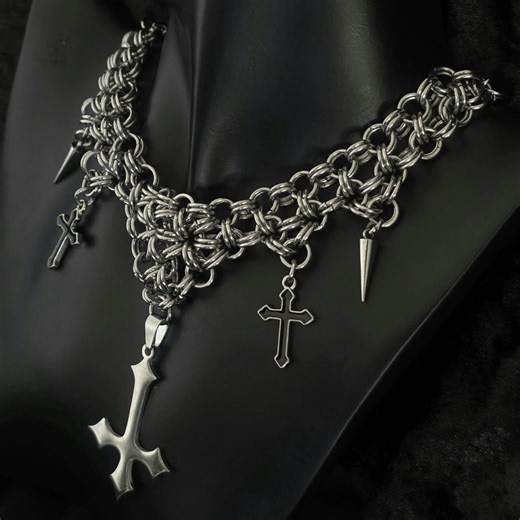 Gothic Stainless Steel Necklace – Chainmail & Dangling Crosses – Handmade - Etsy
