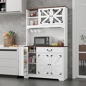 71" Kitchen Pantry Cabinet with Charging Station & Microwave Shelf, Kitchen Hutch with Countertop, Tall Coffee Bar Cabinet with Storage, Food Pantry with Glass Doors for Dining Room, White