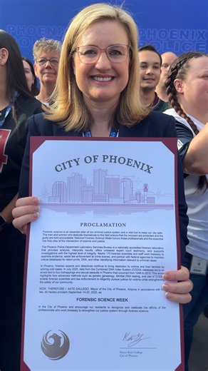 This morning, Mayor Kate Gallego visited Phoenix PD's Crime Lab with great news. The City of Phoenix officially recognized National Forensic Science Week, honoring the vital work the lab provides in fighting crime in our city. Congratulations to our Crime Lab for being honored with the official city proclamation. | Phoenix Police Department