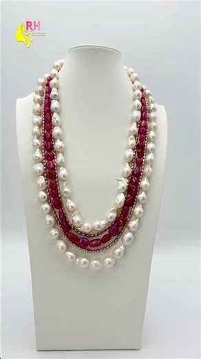 Baroque Pearls & Ruby Tumbles Necklace for Men | Pink Pearls Handmade Birthday Gift