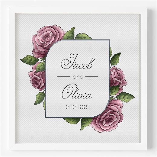 Wedding Cross Stitch Pattern PDF, Personalized Floral Name Sign, Pink Rose Anniversary Gift Digital File - Etsy