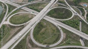Aerial view on highway junction, Traffic of highways, Highway interchange. Sangju, South Korea. May, 2021. 고속도로 분기점.