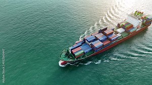 isometric view cargo container ship at sunset feight import export container box concept transportation logistics and service to customer and supply change. Vessel ship full load container shipping.