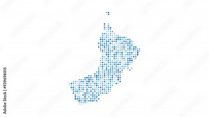 Oman dotted digital map. Map of Oman with pulsating colored circles. Shape of the country filled with blue disks. Neat video.