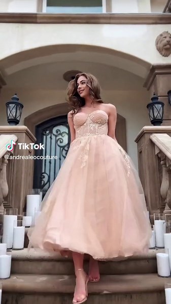 Glamorous Rose Gold Tea Length Strapless Gown | Andrea Angel Prom Dress
