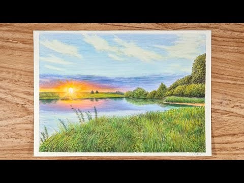 How To Draw A sunset with A Beautiful Landscape || Drawing Trees - A very Realistic drawing