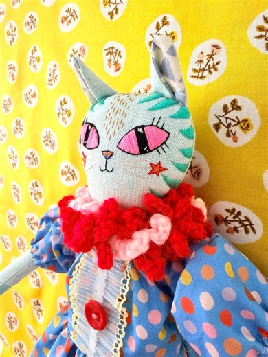 Handmade Heirloom Cat Doll: Aqua Striped Kitty, Collectible Soft Sculpture. Made in Vermont - Etsy