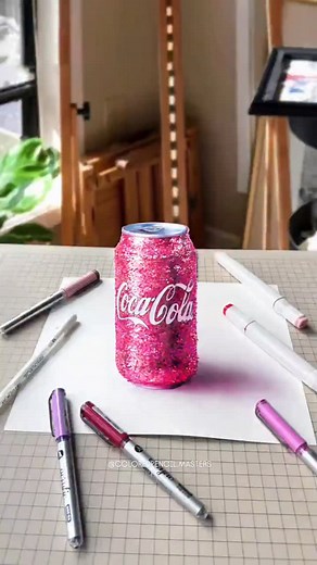 Colored pencil drawing by artist Art Hacker (Douyin) — a hyper-realistic rendering of a glittery pink Coca-Cola can that seems to pop off the paper. The precise layering, vibrant reflections, and meticulous attention to highlights showcase expert control of colored pencils and illusionistic depth. Artist: Art Hacker (Douyin) #coloredpencilart #hyperrealism #realisticdrawing #artprocess #pencilart #stilllifeart #douyinartist | Color Pencil Masters