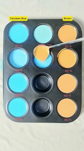Create 4 colors from 2 colors : Cerulean Blue + Brown #asmr #mix #colors #mixingcolors #mixing