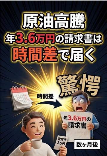 補助金が戻っても、安心はできません。 原油高の請求書は、時間差で届きます。 ガソリン → 数週間 電気・ガス → 約3か月後 食品 → 半年かけてじわじわ 試算では家計負担は年 3.6万円。月 3,000円。 しかも補助金が届くのは石油製品だけ。 食品も物流費も対象外です。 あなたの家計で、次に上がるのは何ですか？ ■ 家計負担の試算 第一生命経済研究所・永濱利廣氏（2026/3/2）： ・原油109ドル（2012年イラン並み）→ 年 3.6万円 ・原油97ドル（2022年ウクライナ並み）→ 年 2.5万円 ・前提：二人以上世帯・年平均支出376.8万円 ・為替不変 ■ 電気・ガス補助の状況 ・1〜2月使用分：電気2.5円/kWh、都市ガス10円/m³ ・3月使用分：電気1.3円/kWh、都市ガス5円/m³（半減） ・4月以降：未定（延長発表なし） #原油高 #ガソリン補助金 #物価高 #家計負担