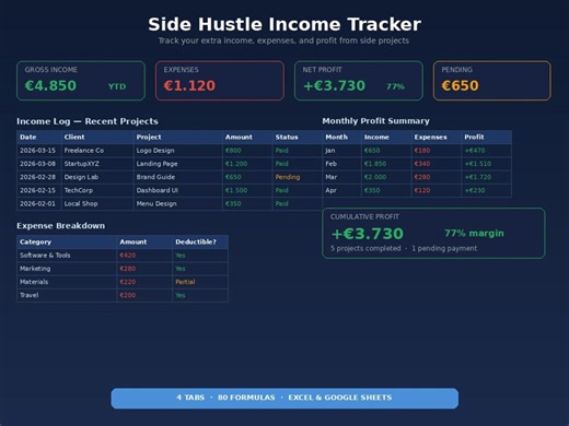 Side Hustle Income Tracker: Project Profit, Expense Log, Monthly Summary (excel Google Sheets) - Etsy