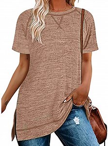 SHIBEVER Women T-Shirts Summer Short Sleeve Tops Casual Loose Tunic Tops Side Split Ladies Comfortable Crewneck Tops Blouse Khaki L