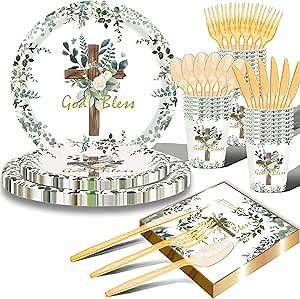 168 Pcs Greenery Baptism Plates and Napkins Party Supplies, First Communion Supply, Baptism Tableware Set for Christening Baby Shower Newborn Baptism Church Party Decoration, Serve 24