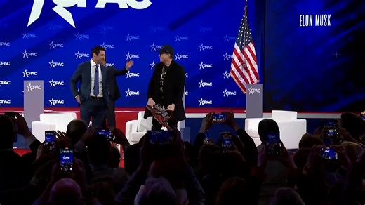 Elon Musk wields a chainsaw on stage at the Conservative Political Action Conference, gifted by Argentinian President Javier Milei, telling cheering attendees it was ‘the chainsaw for bureaucracy’ https://reut.rs/3F1fZec | Reuters