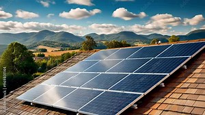 A solar panel array on a rooftop, set against a picturesque mountain landscape, highlighting renewable energy technology in nature