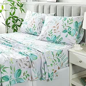 FADFAY California King Sheets 100% Cotton Teal Green Leaf Pattern Printed Bed Sheets, Botanical Sheets Leaves Pattern Modern Minimalist Bedding, Soft Crisp & Breathable Deep Pocket Fitted Sheet, 4Pc