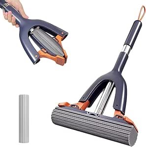 Sponge Mop with 1 Absorbent Head, Self Squeezing Mini Mop for Floor Cleaning Wet and Dry Use Cleaning Mop Bathroom Kitchen Sponge Mop-15inch