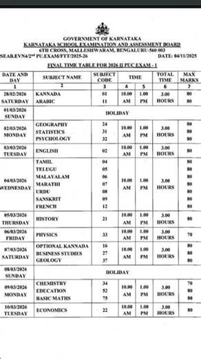 2nd PU Board exam time table 2026