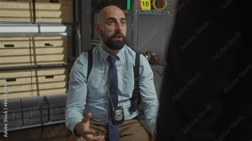 Bald man with beard in a police station office, wearing badge and holster, discussing case files.