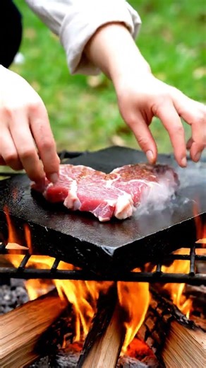 ASMR Outdoor Cooking | Heart Steak on Stone Fire 🪵