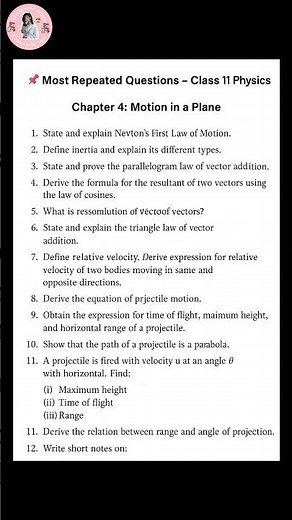 class 11 physics chapter 4 motion in a plane most important questions #ncert #repeated_questions