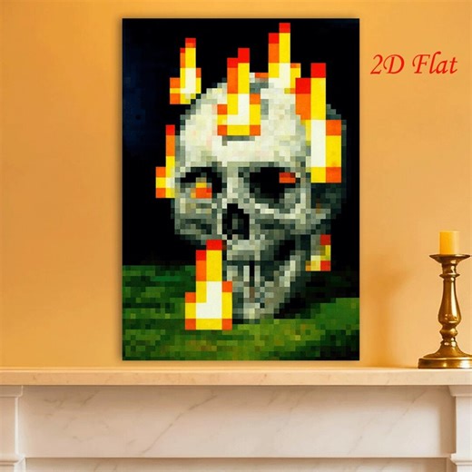 Flaming Skull Pixel Art Print Retro Game Inspired Gothic Decor Macabre Home Accent Spooky Gift Idea Halloween Decoration Digital Prints - Etsy