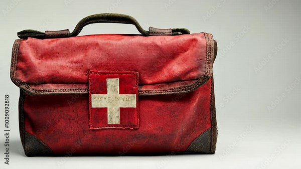 A vintage red first aid kit with a white cross sits on a white surface