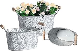Amazon.com : Galvanized Metal Oval Planter Buckets with Handles – Set of 3 Rustic Farmhouse Flower Tubs with Drain Holes & Plugs, Vintage Small Pots for Herbs, Succulents, Wedding or Tabletop Decor (Stone style) : Patio, Lawn & Garden