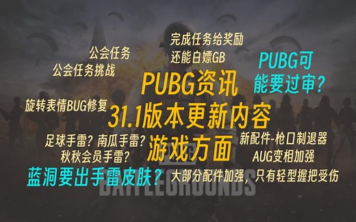 PUBG资讯-31.1版本更新-公会任务白嫖GB？新配件变相加强AUG？PUBG可能要过审？蓝洞要出手雷皮肤？