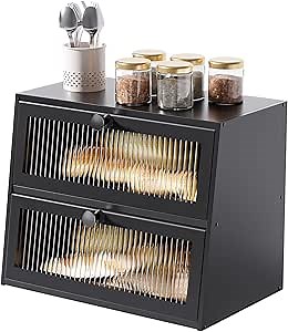 Bread Box for Kitchen Countertop,Extra Large 2 Layer Breadbox Wooden Farmhouse Bread Storage Container Bread Bin Bread Holder Food Organizer Pantry Shelf Acrylic Window(Black)