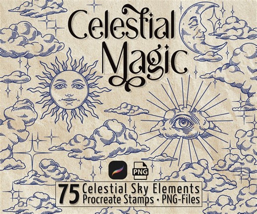 Celestial Procreate Stamps – Sky Elements Brush Set | Suns, Moons, Clouds | PNG Line Art - Etsy