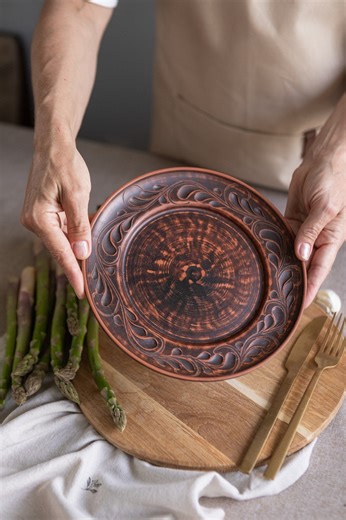 Handmade Clay Dinner Plate – Rustic Pottery Plate With Carved Design, Terracotta Dinnerware for Eco Kitchen or Unique Gift - Etsy