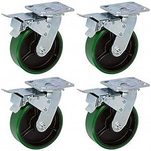ICON Caster Wheels 6" x 2" PCI Heavy Duty, 4 Swivel w/Total Lock Brake Casters, Top Plate 4" x 4.5", Green, Non-Marking Polyurethane Wheel, Load Capacity 4800 lbs per Set (4-Pack)
