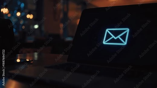 Phishing email attack received on laptop computer showing envelope symbol on dark screen at night with bokeh effect in background, concept of cybersecurity and online scam
